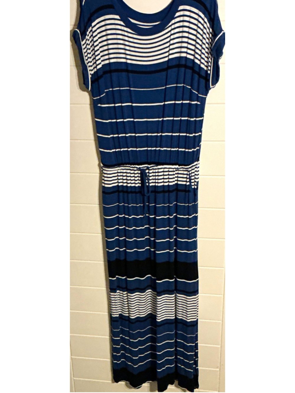 Ava & Viv 1X Blue White Striped Knit Maxi Dress Drawstring Waist